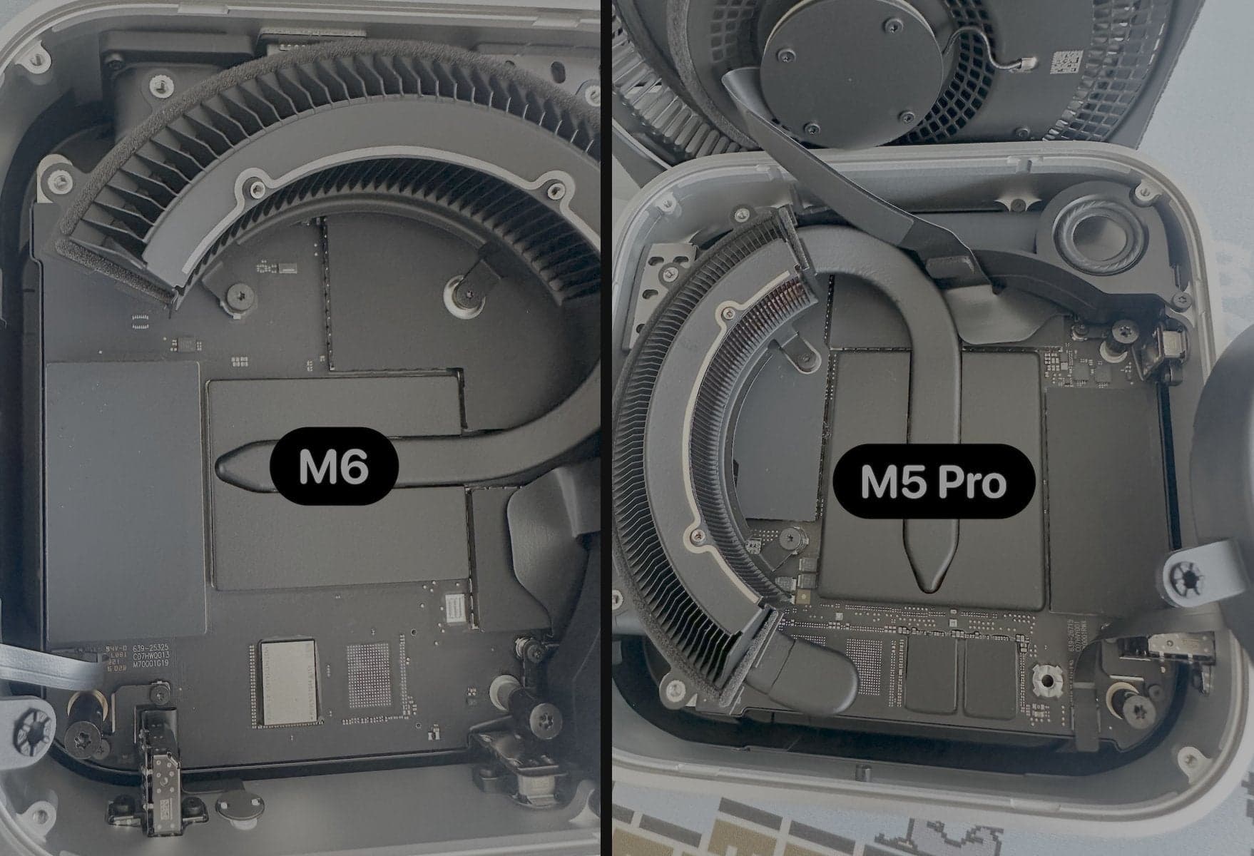 Opened Mac Mini M6 and M5 Pro machines side by side, showing their logic boards without a removable SSD module
